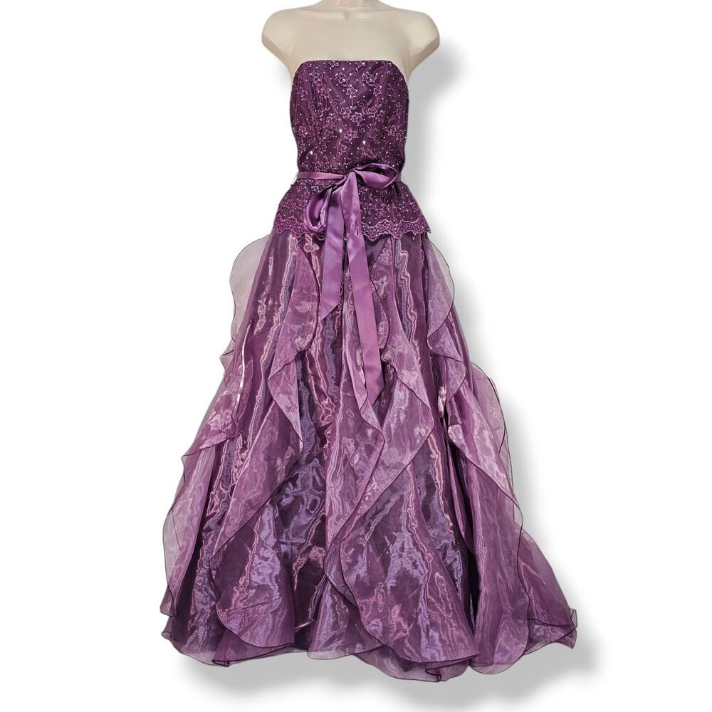 ​Gunne Sax Vintage Y2K Purple Tiered Organza Strapless Fairy Prom Gown Size 5